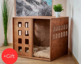 Casa para perros Cubo con puerta corredera, cama para perros en el interior, jaula para perros en el interior, perrera para perros, casa para perros de madera, muebles para mascotas, muebles para perros, puerta de jaula para perros