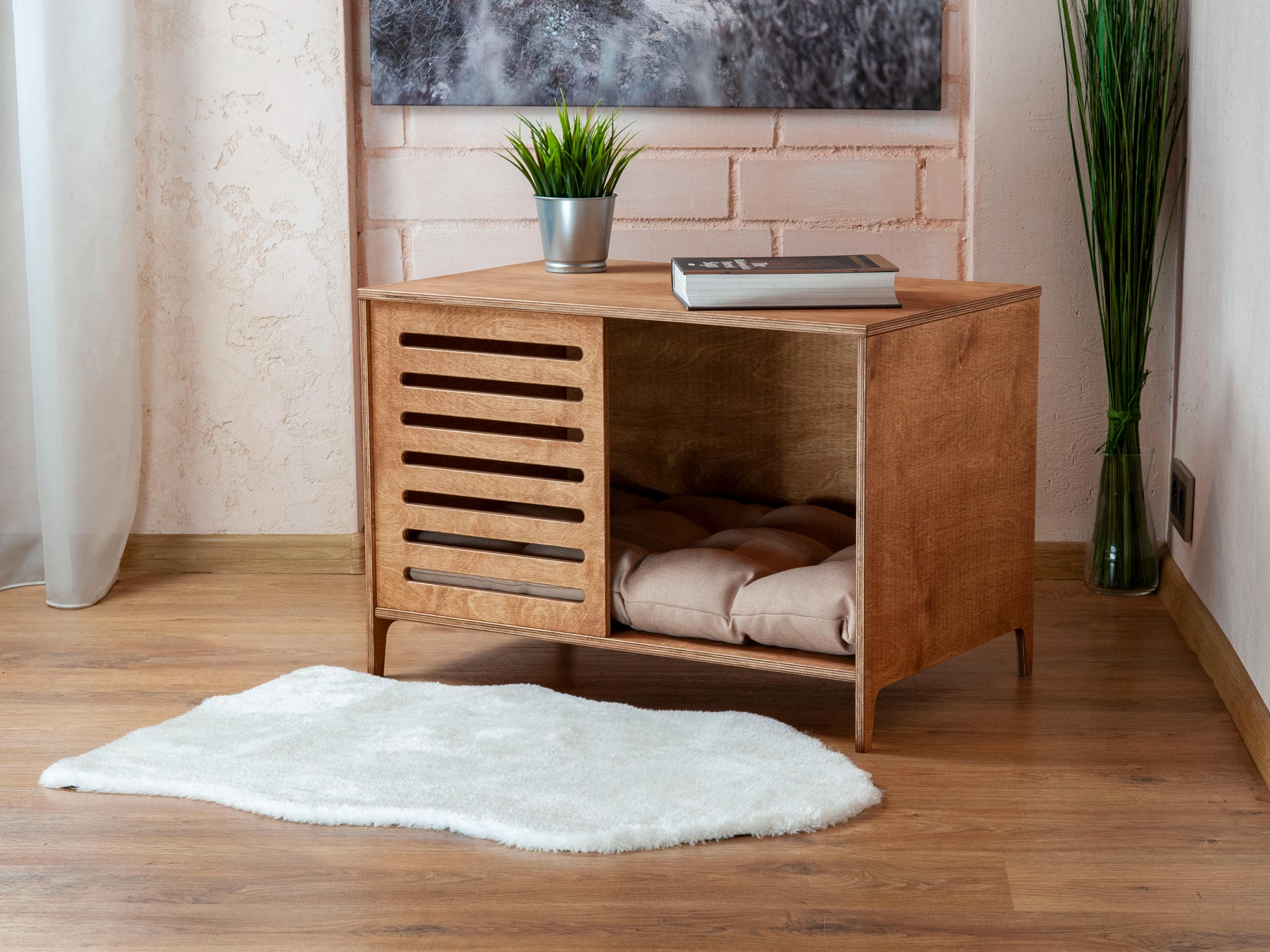 Niche pour chien moderne avec coin en H sans porte, Niche intérieure ouverte pour chien, Lit pour chiot en bois, Meubles pour caisse pour chien, Nicho