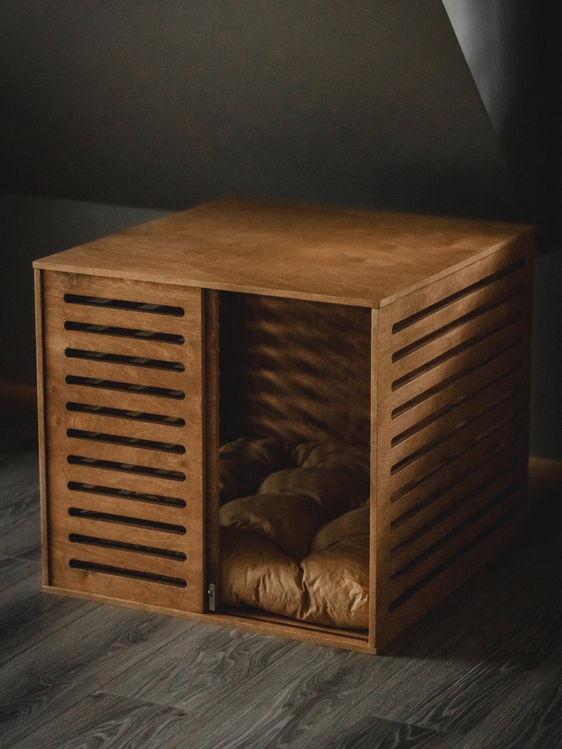 Lumio H-huisdierenhok, moderne hondenbench voor binnen, hondenmand, houten hondenhok, houten kern, hondenbench, hondenmand, hondenbenchmeubels afbeelding 6
