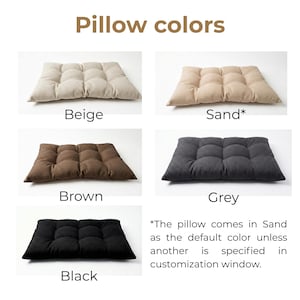 May include: A grid of five rectangular tufted pillows in beige, sand, brown, grey, and black. The text Pillow colours appears at the top. A note states the pillow comes in Sand as the default colour unless another is specified in customisation window.