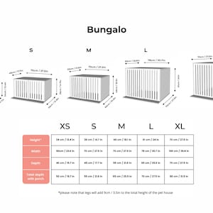 May include: A white pet house named Bungalo shown in five sizes from XS to XL. The image includes technical illustrations with dimensions in centimetres and inches, and a detailed sizing chart listing height, width, depth, and total depth with porch.