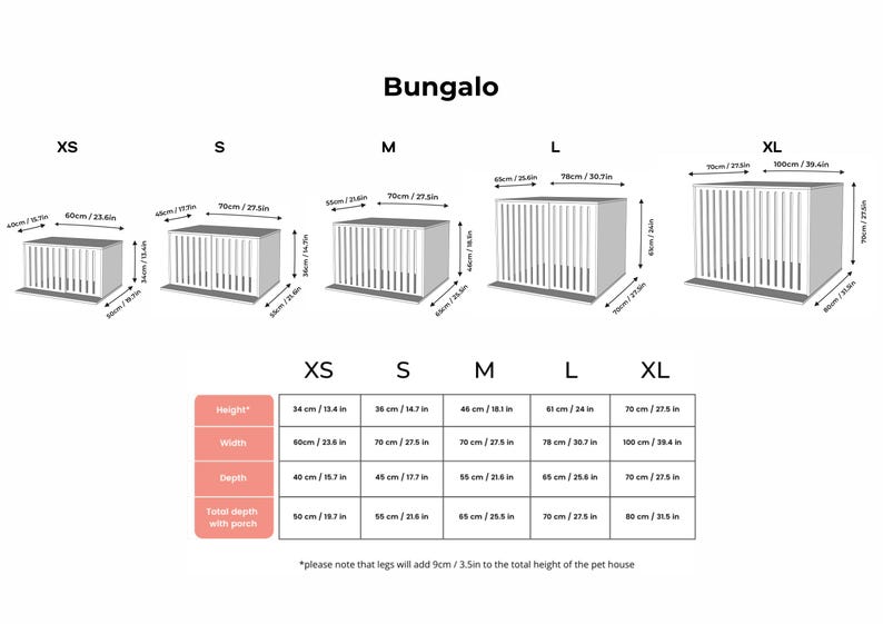 May include: A white pet house named Bungalo shown in five sizes from XS to XL. The image includes technical illustrations with dimensions in centimetres and inches, and a detailed sizing chart listing height, width, depth, and total depth with porch.