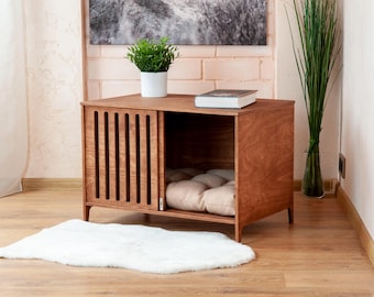 Small Dog Crate Furniture, Modern Indoor Dog Kennel, Wooden Puppy Crate House, Mid Century Dog Bed Side Table, Plywood Dog Den - Nook II