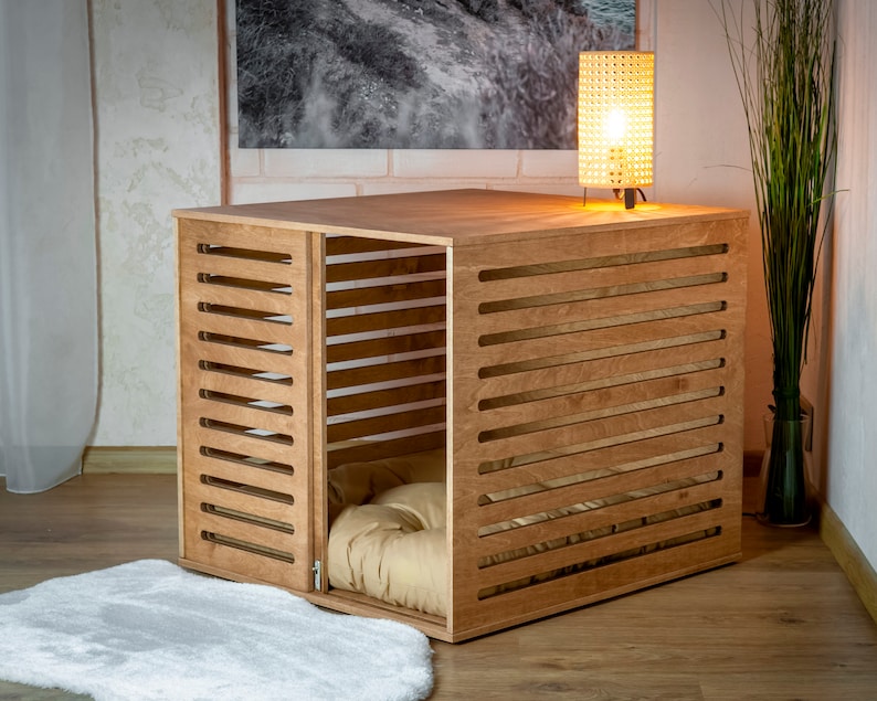 Midcentury modern dog house, plywood dog house, indoor dog house, stylish dog house, minimalist pet furniture, contemporary pet furniture, dog house for modern homes, unique dog house, luxury dog house, modern pet house, indoor pet house,