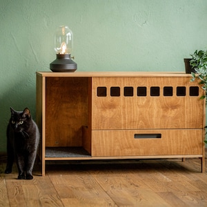 KOKAA Cubo kattentoilet, kattenbak, moderne kattenbak van multiplex, modern kattentoilet, kattenmeubels