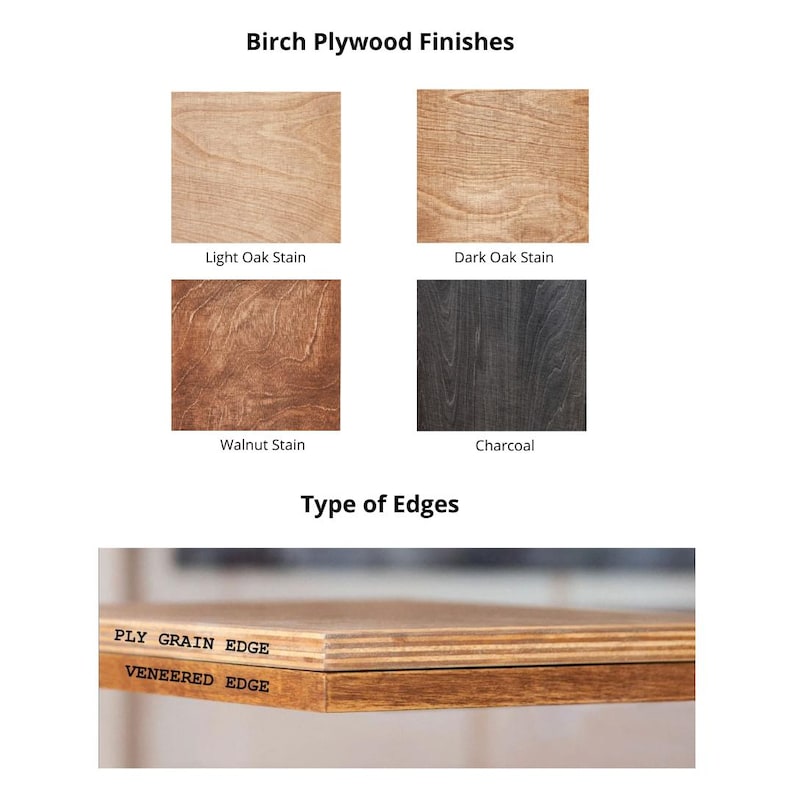 May include: A display of Birch Plywood Finishes including Light Oak Stain, Dark Oak Stain, Walnut Stain, and Charcoal. Below, a comparison of edge types labelled Ply Grain Edge and Veneered Edge, showing the layered wood and finished side.