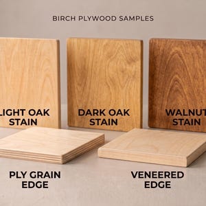 May include: Five square birch plywood samples arranged in two rows. Top row: light oak stain, dark oak stain, and walnut stain. Bottom row: ply grain edge and veneered edge. Text labels identify each sample type clearly.