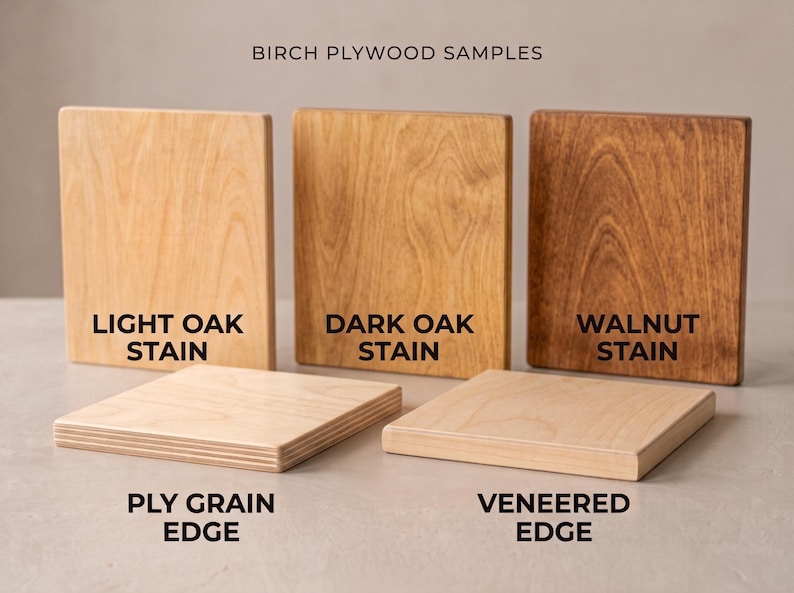 May include: Five square birch plywood samples arranged in two rows. Top row: light oak stain, dark oak stain, and walnut stain. Bottom row: ply grain edge and veneered edge. Text labels identify each sample type clearly.