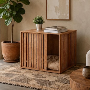 May include: A square wooden pet crate featuring vertical slats on the sides and a sliding door panel. The interior contains a soft, light-colored cushion. The crate is constructed from light brown wood with a natural finish and a clean, boxy design.