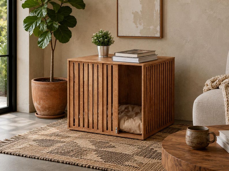 May include: A square wooden pet crate featuring vertical slats on the sides and a sliding door panel. The interior contains a soft, light-colored cushion. The crate is constructed from light brown wood with a natural finish and a clean, boxy design.