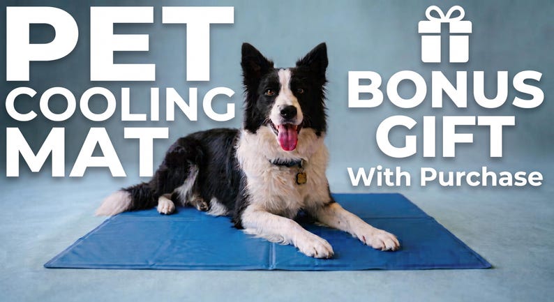 Op de afbeelding: Een zwart-witte hond ligt op een rechthoekige blauwe koelmat. De tekst PET COOLING MAT staat links en BONUS GIFT With Purchase met een cadeau-icoon staat rechts. De hond draagt een halsband met een penning en de tong hangt uit de bek.