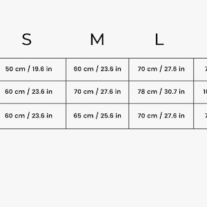 May include: A size chart table with columns labeled S, M, L, and XL and rows labeled Height, Width, and Depth. The table displays measurements in both centimeters and inches for each size category, providing specific dimensions for height, width, and depth.