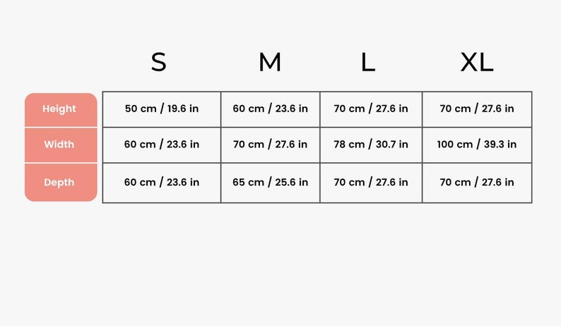 May include: A size chart table with columns labeled S, M, L, and XL and rows labeled Height, Width, and Depth. The table displays measurements in both centimeters and inches for each size category, providing specific dimensions for height, width, and depth.