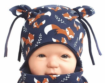Mütze Zipfelmütze Knotenmütze Loop Baby Kind Fuchs Blau
