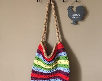 Hand Knit Bag, Rainbow Color, Sturdy Mercerized Cotton, Jute Handle, One of a Kind, Market Bag, Grocery Bag, Produce Bag, Eco-Friendly