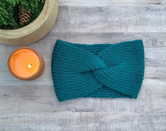 Twist Front Headband, Teal, Hand Knit, Warm Winter Headband, Merino Wool