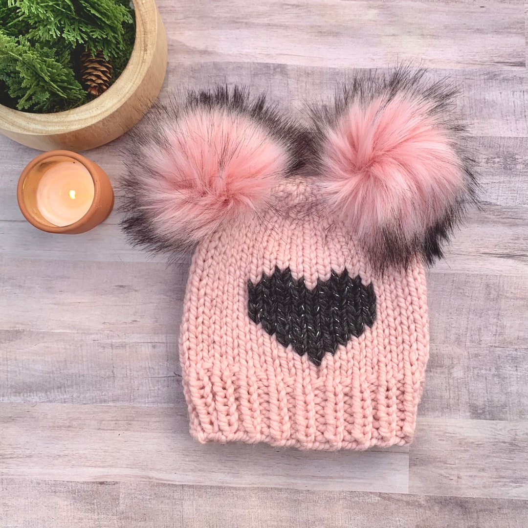 Double Pom Pom Beanie, Big Heart, Star Hat, Pink Knit, Chunky
