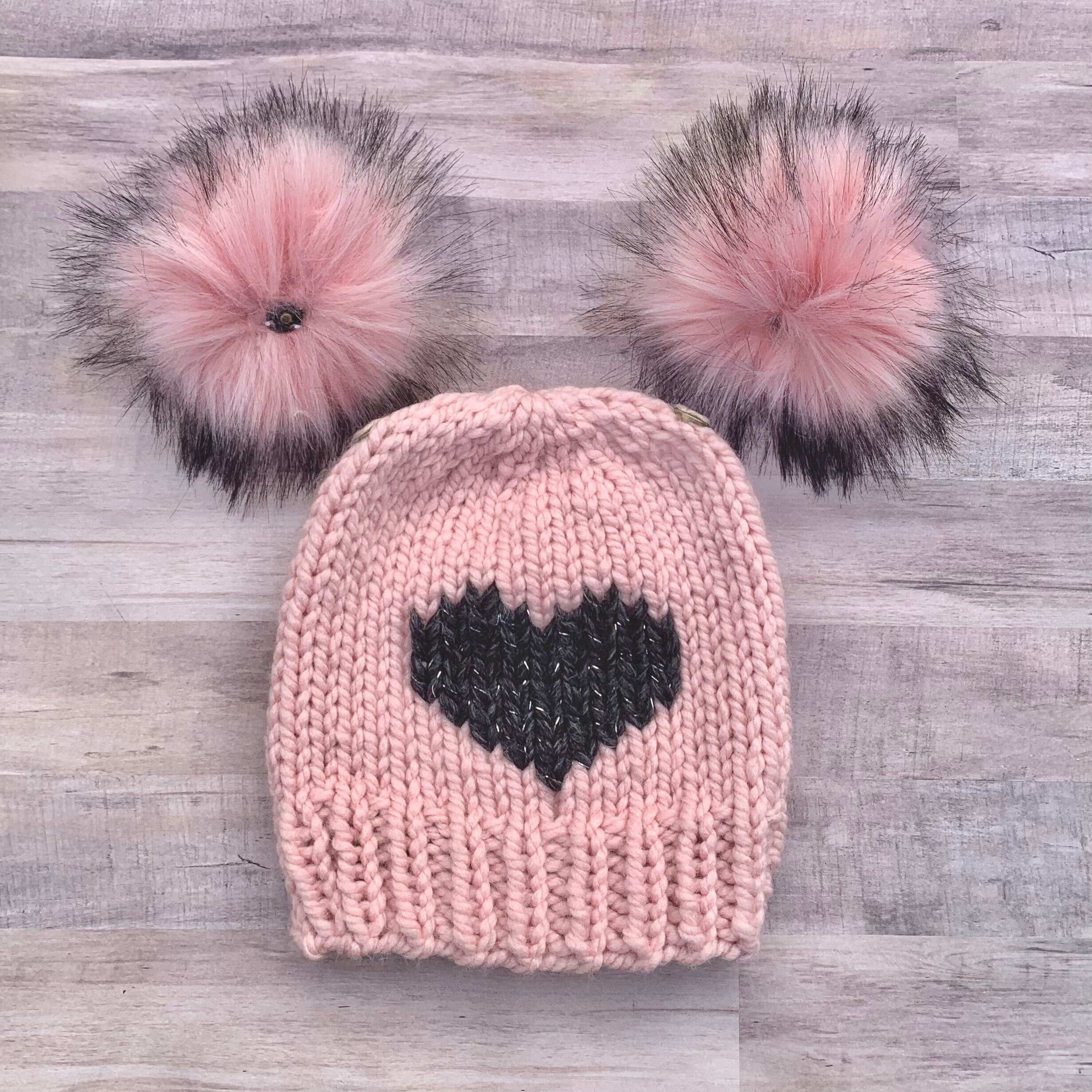 Double Pom Pom Beanie, Big Heart, Star Hat, Pink Knit  display picture 3