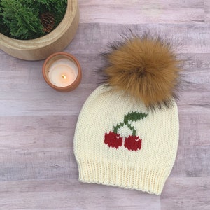 Cherry Beanie,  Hand Stitched, Winter Hat, Cream, Removable Faux Fur Pom