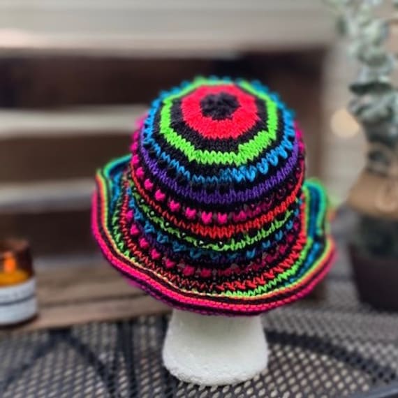 Rainbow Bucket Hat, Crochet Bucket Hat, Neon Bucket Hat, Multi-Colored, Bright Colors, Knit Bucket Hat, Festival Hat, Indie Kid Aesthetic