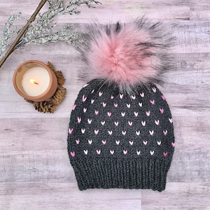 Valentine’s Day Hearts Beanie, Little Hearts Hat, Hand Knit, Fair Isle, Winter Hat, Removable Faux Fur Pom Infant Toddler Child Adult Size