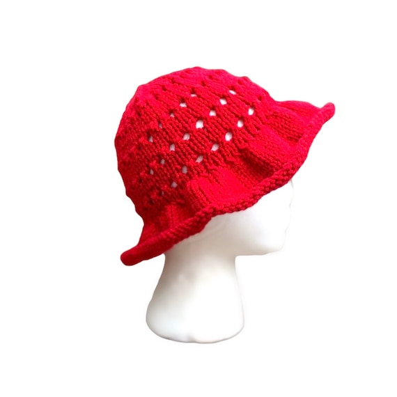 Floppy Sun Hat, Red Bucket Hat, Ruffle Bucket Hat, Knitted Bucket Hat, Fourth of July Hat, Hand Made Red Hat