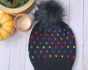 Candy Heart Beanie, Valentine’s Day Hat, Black Beanie with Rainbow Hearts, Fair Isle Hat, Hand Knit Winter Toque