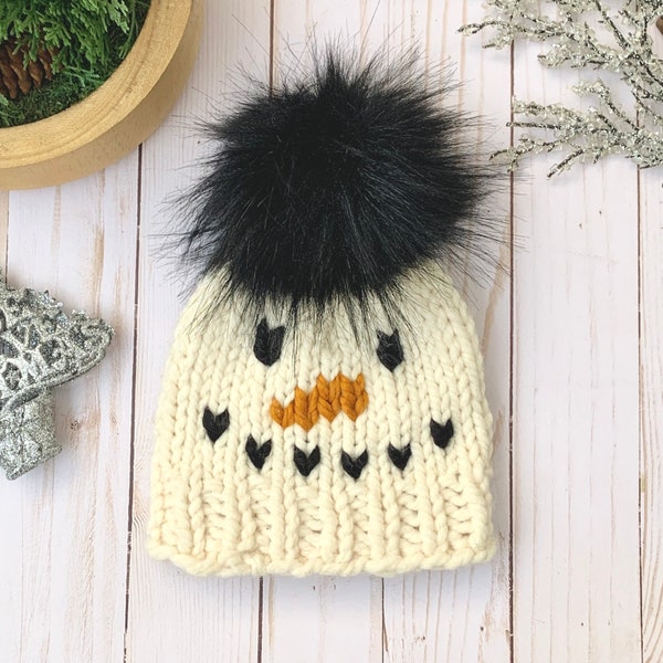 Snowman Beanie, Christmas Hat, Holiday Beanie, Infant, Toddler, Child, Adult Sizes, Snowman Hat with Removable Pom