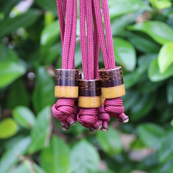 Lanyard Bead - Natural Canvas, Burgundy Linen and Burlap Micarta.