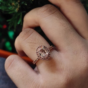 Oval Peach Morganite & Champagne Diamond Engagement Ring 14k Rose Gold Finish Dainty Promise Ring, Birthday Gift, Anniversary Gift for Her