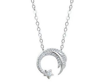 Meteor Garden: Shan Cai's Star & Moon Necklace With 18'' Chain Simulated Diamond Pendent 14K White Gold Over, Celestial C- Drama Pendant.