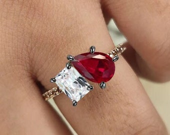 Toi et moi ring, Ruby & White diamond Engagement ring, Multi-stone Wedding Ring ,925 Sterling silver, Mother Ring, Anniversary Gift For Her