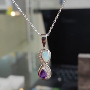 Opal and Amethyst Keepsake Infinity Pendant,925 Sterling Silver Genuine Amethyst & Opal Infinity Pear Necklace ,Birthstone Infinity Necklace