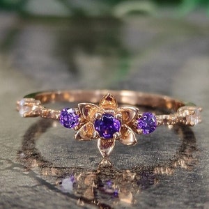 Dainty Rapunzel Wedding Ring- 14k Rose Gold Finish Rapunzel Princess Magic Sunflower Engagement Ring- Amethyst Promise Ring- gift for mum