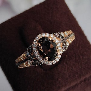 1/4 ct Dark Brown Smoky diamond Engagement Ring Vintage 14k Rose Gold Over halo diamond ring wedding ring for women Anniversary Gift For Her image 1