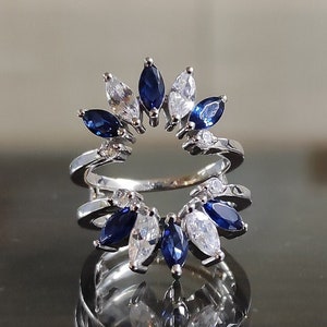 Unique Wrap Guard Enhancer Marquise cut Blue Sapphire & Simulated Diamond Enhancer Engagement Wrap Ring, White gold Over, Birthstone Ring