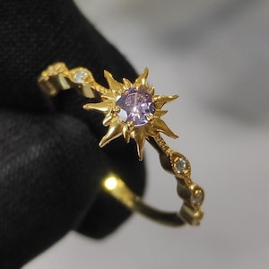 Tangled Rapunzel Crown Ring- Amethyst Ring- Amethyst Wedding Ring- Magic Sunflower Engagement Ring- 14k Yellow gold Dainty Stackable Ring