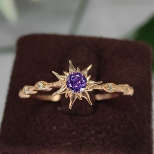 Rapunzel Wedding Ring- 14k Rose Gold Amethyst Ring- Rapunzel Princess Magic Sunflower Engagement Ring- Dainty Promise Ring- gift for mum