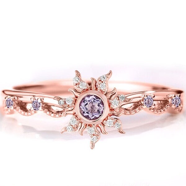 Rapunzel Wedding Ring- 14k Rose Gold Finish Rapunzel Princess Magic Sunflower Engagement Ring- Amethyst Ring- Gift For Her - gift for mum