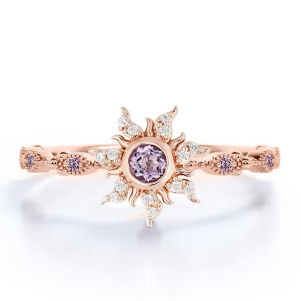 Rapunzel Wedding Ring- 14k Rose Gold Finish Rapunzel Princess Magic Sunflower Engagement Ring- Amethyst Dainty Promise Ring- gift for mum