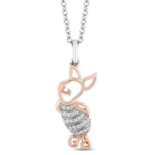 Piglet Winnie the Pooh Necklace, 1/4ct Diamond 14K Rose Gold Over Pendant, Silver Piglet Pendant, Piglet Silver Necklace with 18" Chain