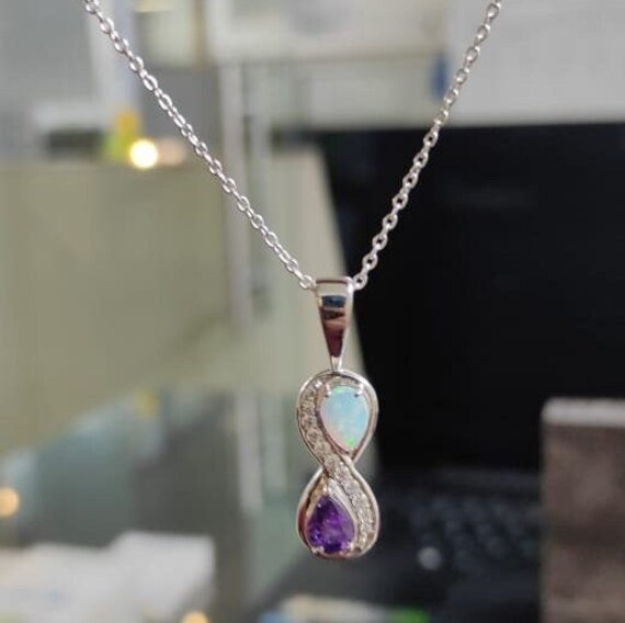 Opal and Amethyst Keepsake Infinity Pendant 925 Sterling Silver