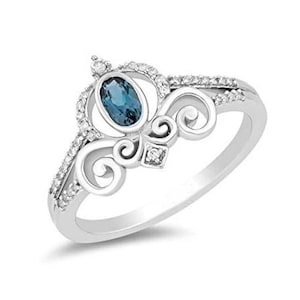 1/10 CT Enchanted Disney Cinderella Carriage London Blue Topaz Oval Cut Diamond Engagement Ring 14K White Gold Over, Christmas Gift.