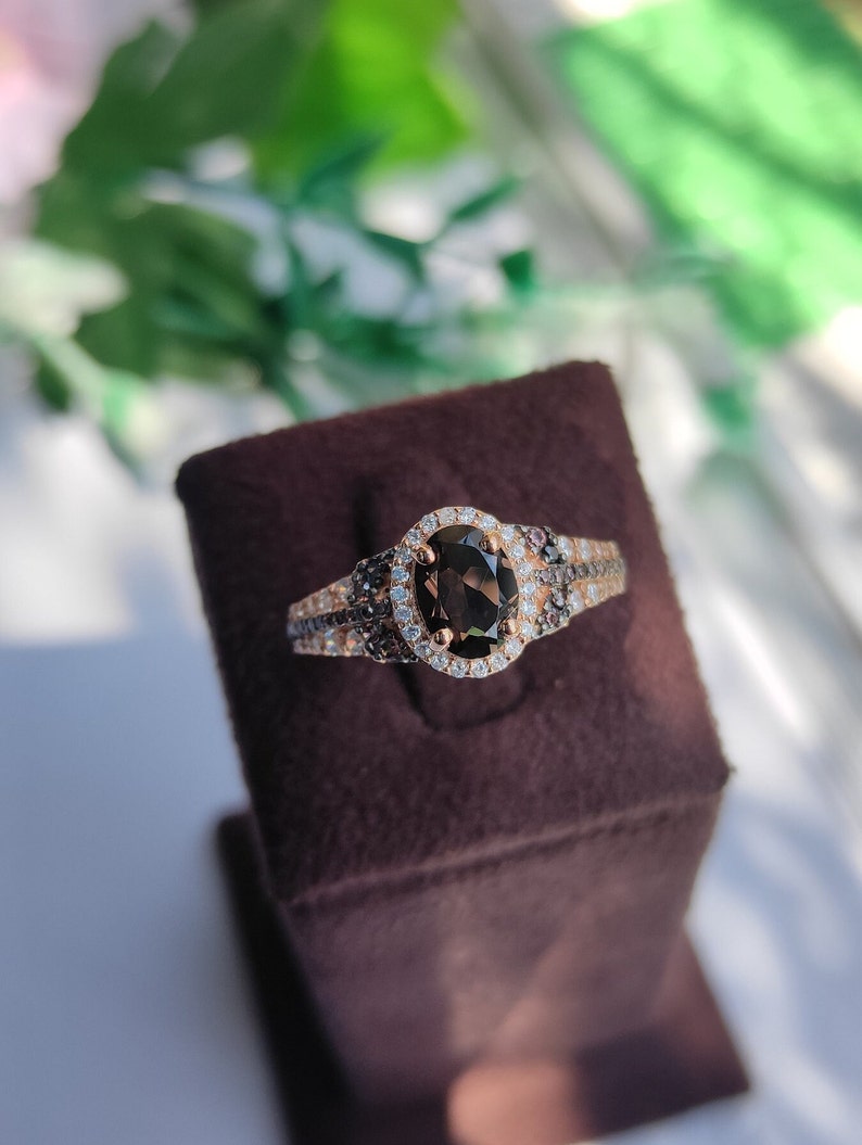 1/4 ct Dark Brown Smoky diamond Engagement Ring Vintage 14k Rose Gold Over halo diamond ring wedding ring for women Anniversary Gift For Her image 4