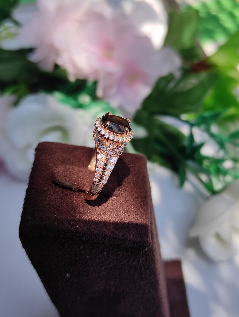 1/4 ct Dark Brown Smoky diamond Engagement Ring Vintage 14k Rose Gold Over halo diamond ring wedding ring for women Anniversary Gift For Her image 5
