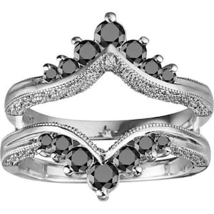 0.50 Ct Black Simulated Diamond Wedding wrap Ring, 14k White gold finish Arc Ring Jacket, Matching Ring band, Stacking ring gift for her