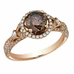 2.00 Ct Brilliant cut smokey quartz ring - 14K Rose Gold Finish genuine smokey quartz ring - Brown Gemstone Jewelry - Smoky Halo Ring Gift