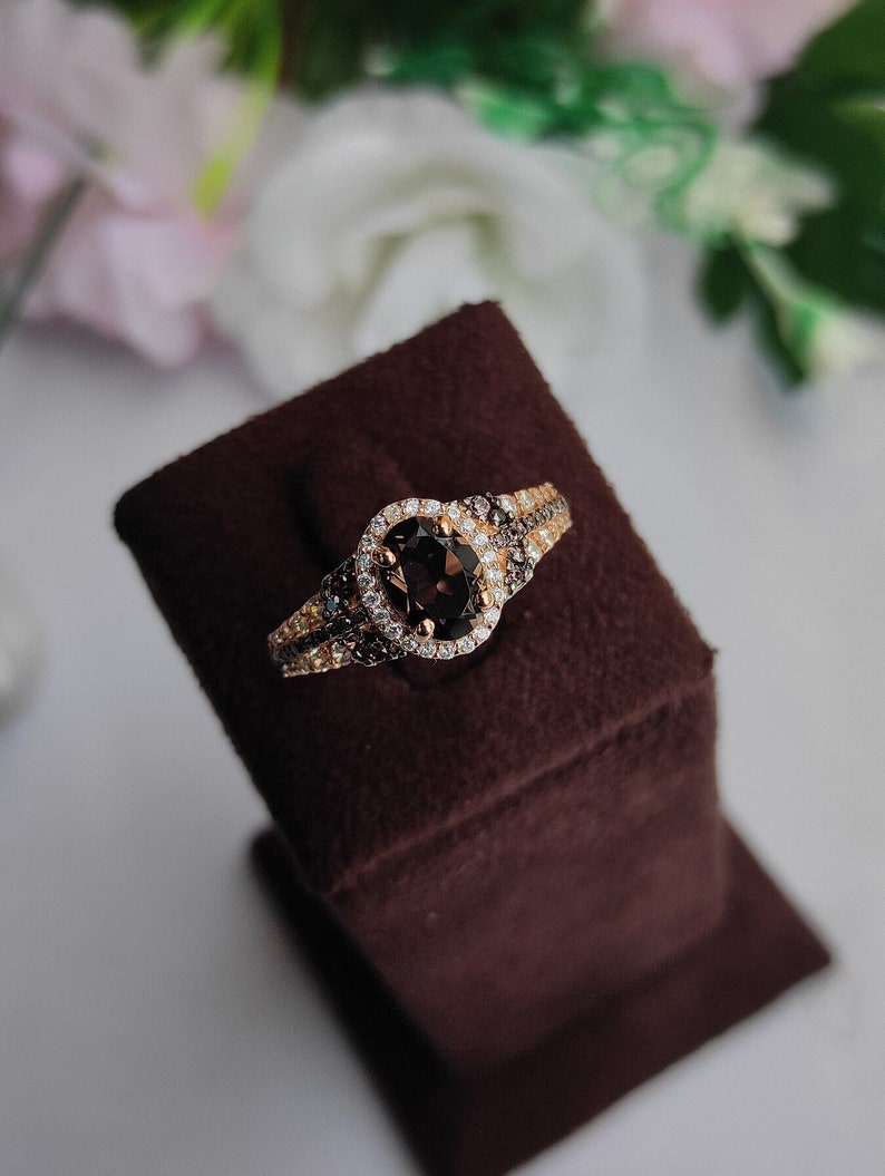 1/4 ct Dark Brown Smoky diamond Engagement Ring Vintage 14k Rose Gold Over halo diamond ring wedding ring for women Anniversary Gift For Her image 1