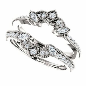 1.00 Ct Marquise & Round Cut Simulated Diamonds Ring Guard Wrap Solitaire Enhancer Wedding Vintage Milgrain band 14K White Gold Finish