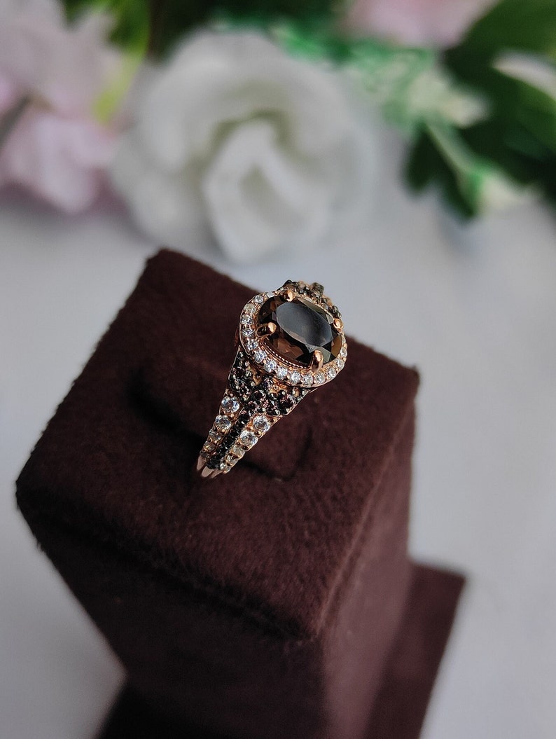 1/4 ct Dark Brown Smoky diamond Engagement Ring Vintage 14k Rose Gold Over halo diamond ring wedding ring for women Anniversary Gift For Her image 3